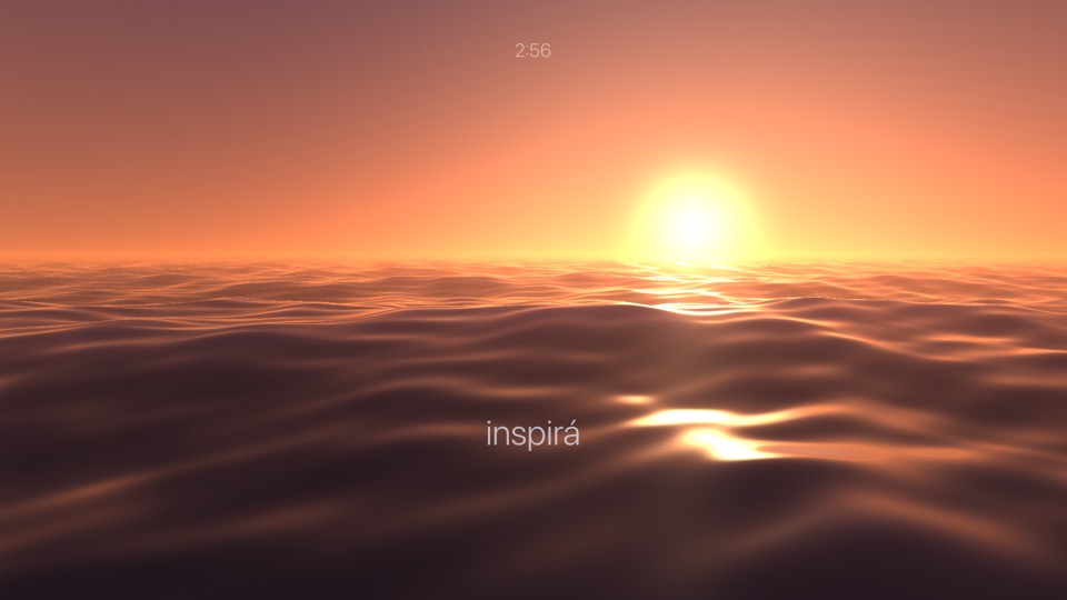 Sea of Tranquility on Apple TV: the sea at sunset with the caption «inspirá» (breathe in)