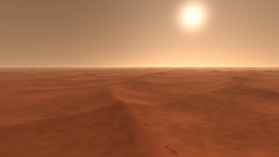 Acidalia Planitia en Marte: dunas rojizas bajo un cielo color caramelo