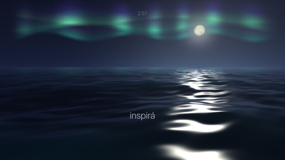 Breathe mode: the sea at night with an aurora and the caption «inspirá» (breathe in)
