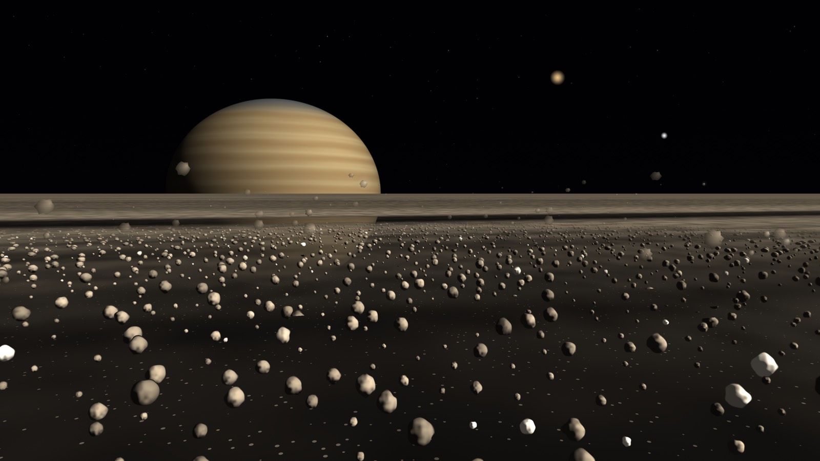Saturno a pleno sol, con sus bandas, sobre el piso de hielo de los anillos